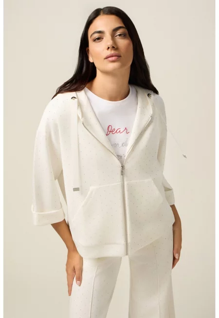 Худи с модал - цип и декоративни камъни - Бял
