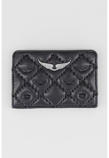 Капитониран кожен калъф за карти - Черен