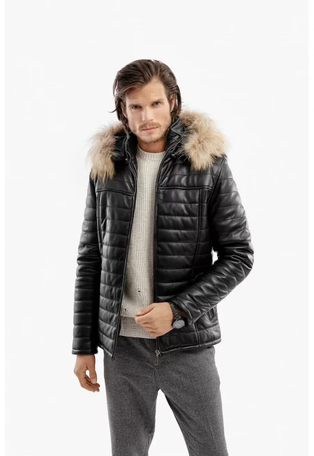 Капитонирано кожено зимно яке с пух - Черен