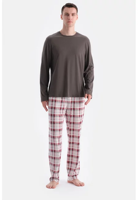 Карирана пижама с памук - Червен/Бял/Тъмнокафяв