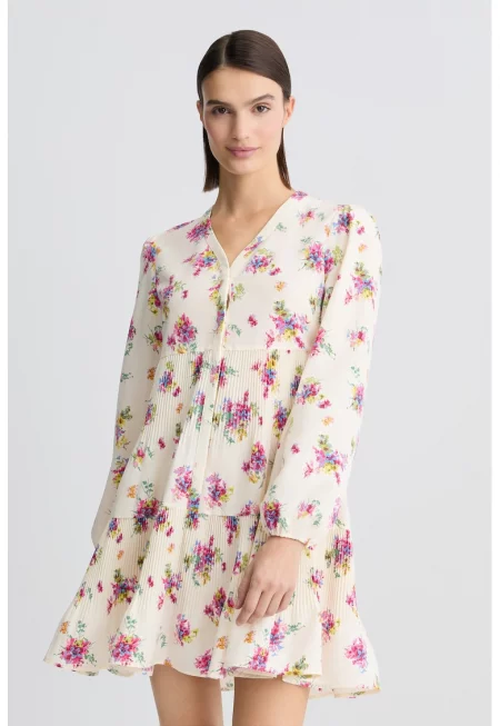 Къса флорална рокля - Мръснобял/Розово