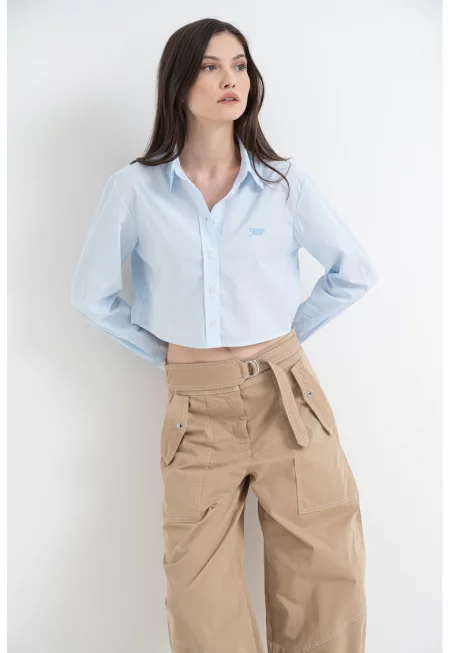 Къса риза с дълги ръкави - Бял/Светлосин