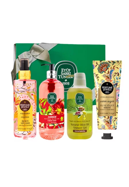Комплект Eyup Sabri Tuncer - крем за ръце и тяло Warm Sugar 50 ml - течен сапун Amber Olive Oil 500 ml - душ гел Olive Oil 600 ml - спрей за тяло Jewels Empress 250 ml