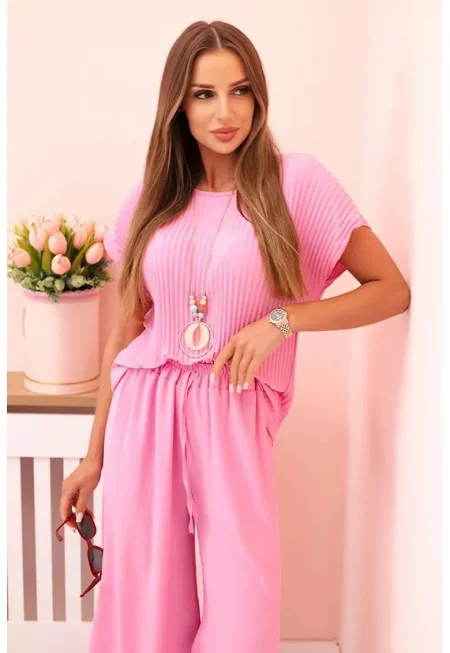 Комплект от плисирана блуза и панталон с връзки - Един размер