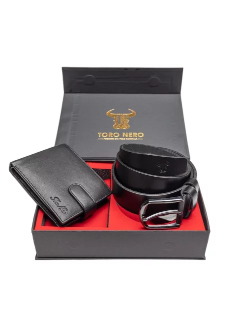 Комплект портфейл и колан - мъжки - от естествена кожа Viki-Smooth - черен