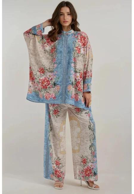 Координиран комплект -  флорален принт - висока талия - широка кройка - многоцветен - текстил