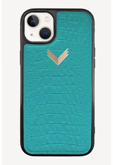 Кожен калъф за Iphone14 Plus - Златист/Аквамарин син