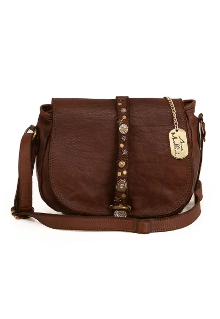 Кожена чанта през рамо Luigia с метални апликации - Тъмнокафяв