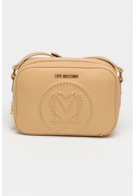 Кожена чанта през рамо от кожа и еко кожа с капси - Бежов