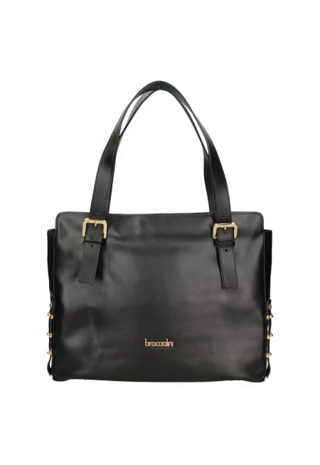 Кожена шопинг чанта с декоративни верижки - Черен