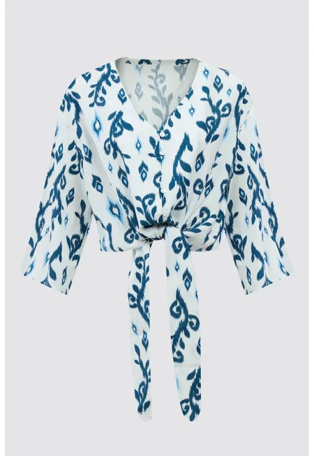 Ленена риза с дъгли ръкави - Тъмносин/Ментово зелено