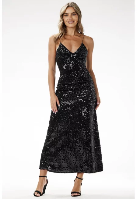 Макси рокля -  кадифе с пайети - черно - полиестер