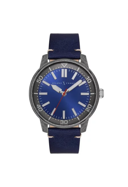 Мъжки часовник  MEX3222 44мм - стоманен корпус - каишка от екологична кожа - сив - тъмносин