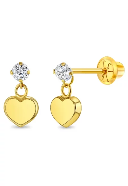 Обеци от 14К Злато за Бебета и Деца - модел Heart Dangle с прозрачен CZ Камък - закопчаване с винт и защита