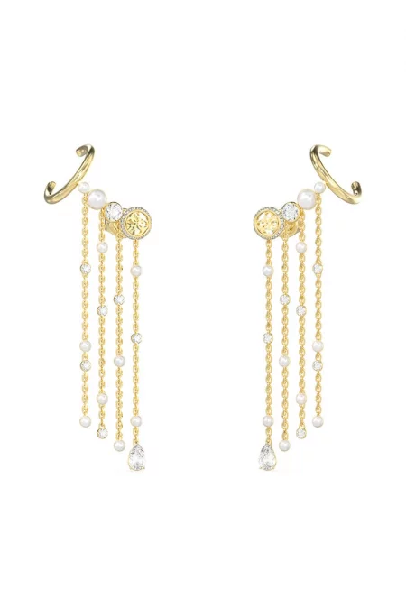 Обеци с висулки с циркони и седеф - Бял/Златист