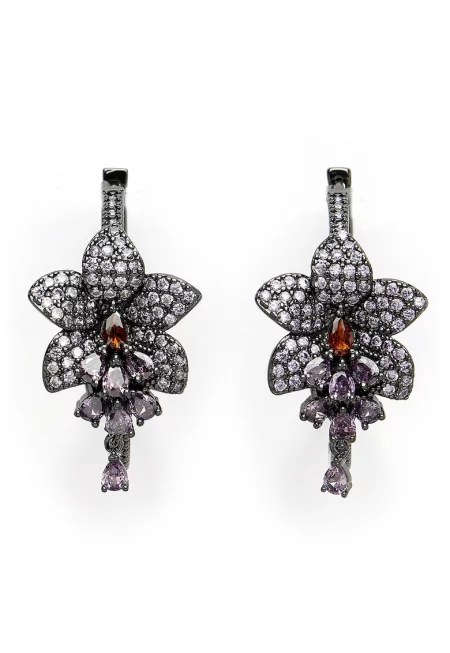 Обеци тип халки с флорален дизайн - Виолетов/Тъмносребрист