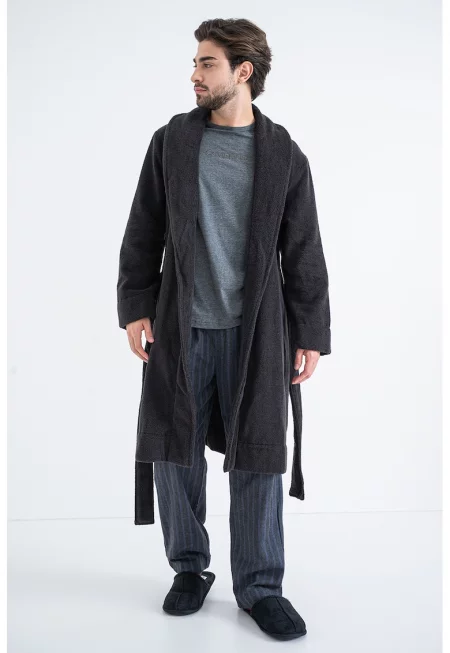 Памучен халат с връзка - Антрацитно сиво