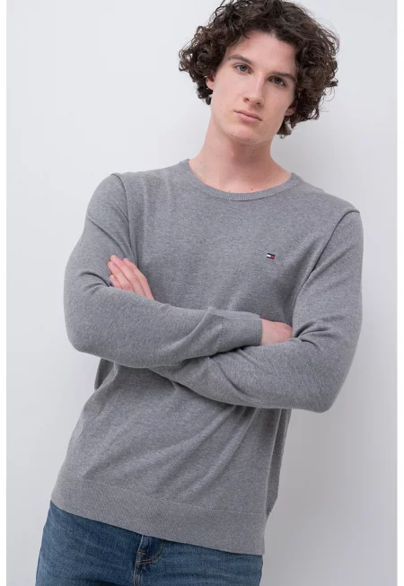 Памучен пуловер с овално деколте - Сив меланж