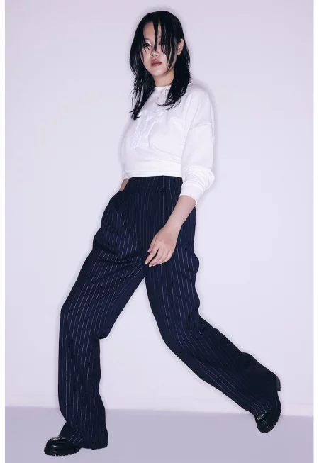 Панталон с висока талия и райе - Тъмносин