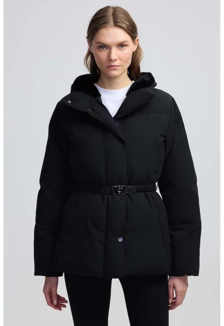 Подплатено зимно яке с колан - Черен