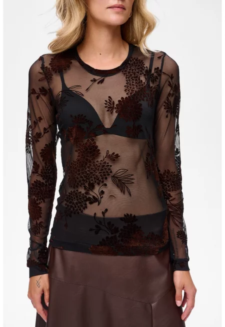 Полупрозрачна блуза от тюл с флорални мотиви Rea Chocolate