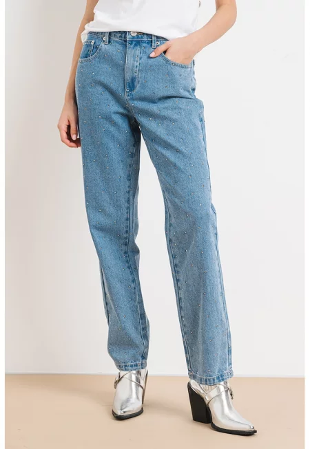 Прави дънки с декоративни камъни - Тъмносин