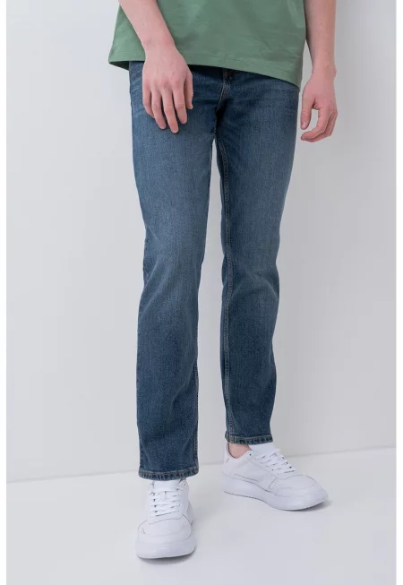 Прави дънки със средна талия - Син меланж