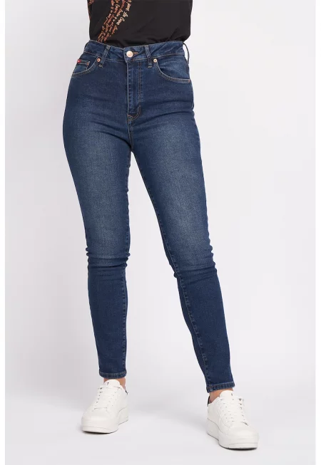 Прилепнали дънки с висока талия - Тъмносин