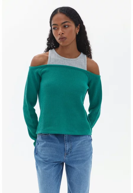 Пуловер Pamne с отвори на раменете - Бледозелен