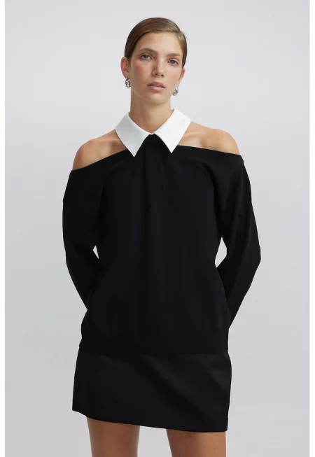 Пуловер с отвор на рамото и дизайн 2 в 1