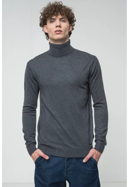 Пуловер с поло с вълна - Меланж тъмно сиво