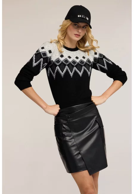 Пуловер с вълна и принт - Черен/Светло сив