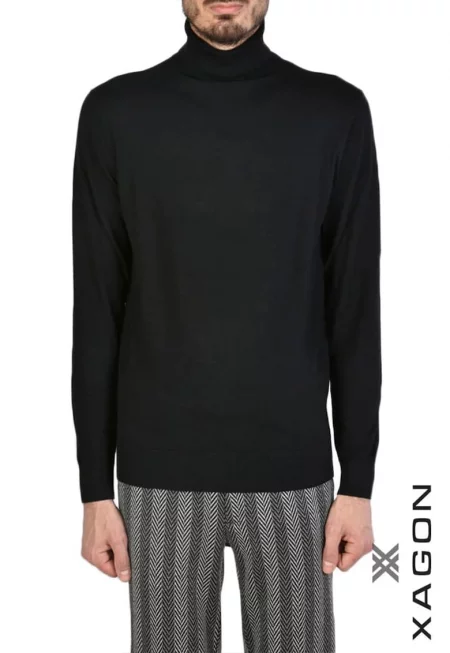 Пуловер с висока яка - с навита оребрена яка и оребрени маншети - Черен