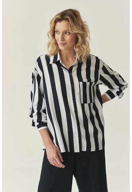 Раирана свободна риза - Черен/Мръснобял