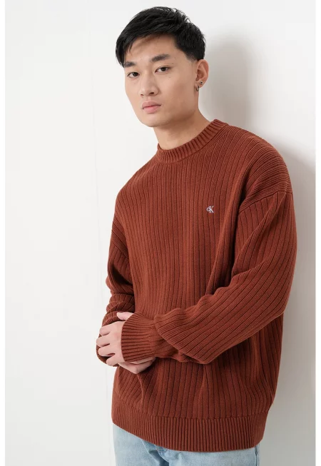 Рипсен пуловер с лого - Канелено кафяво