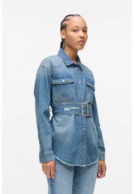 Риза от деним с колан - Пастелносин