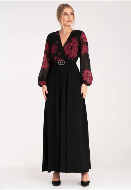 Рокля  черна с червени цветя - полиестер - дълъг ръкав - SM