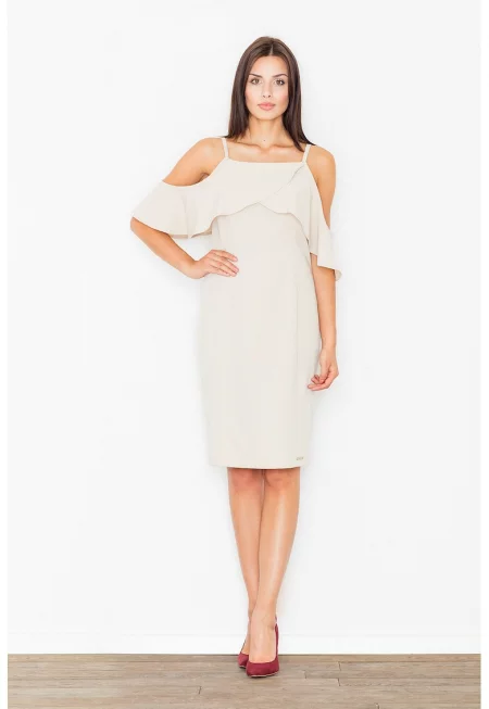 Рокля  M478 - бежова - с голи рамене - 65% полиестер - 35% вискоза -