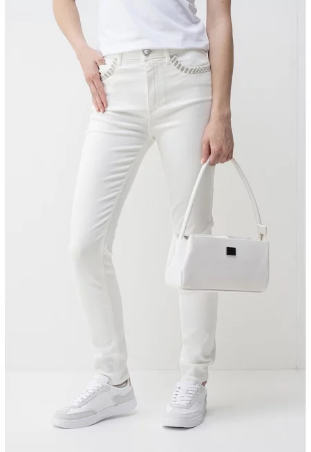 Скини дънки със синтетични перли и декоративни камъни - Слонова кост