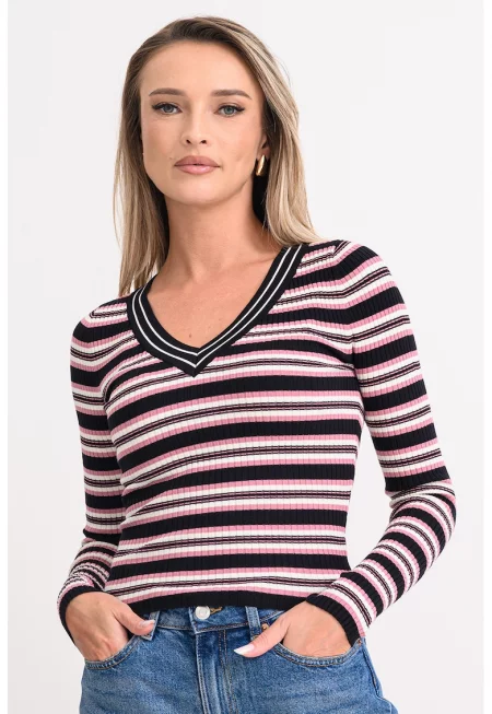 Слим пуловер с шпиц - Черен/Розово