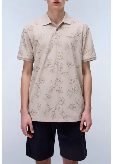 Тениска с яка и принт - Светло кафяво