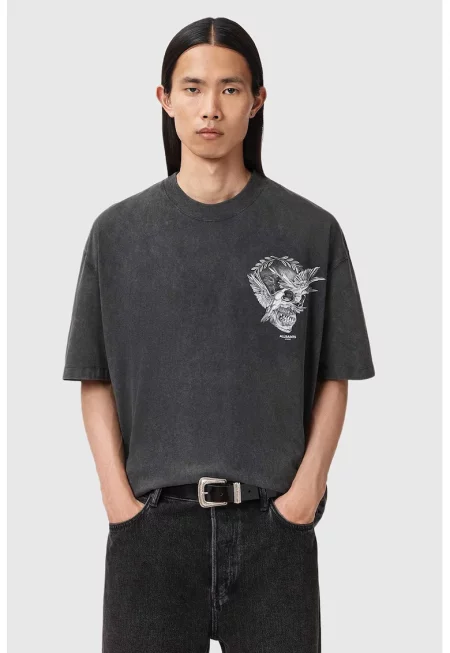 Уголемена тениска Mysteries с принт на гърба - Бял/Tъмносив