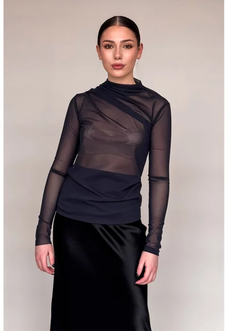 Вталена ефирна блуза с яка - Черен