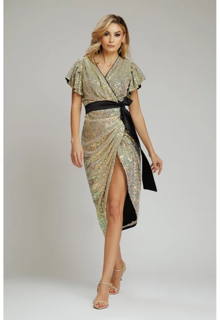 Застъпена миди рокля с бляскав ефект - Златист