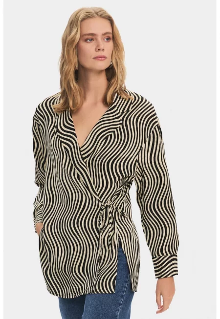 Застъпена риза с принт - Черен/Сиво-кафяв