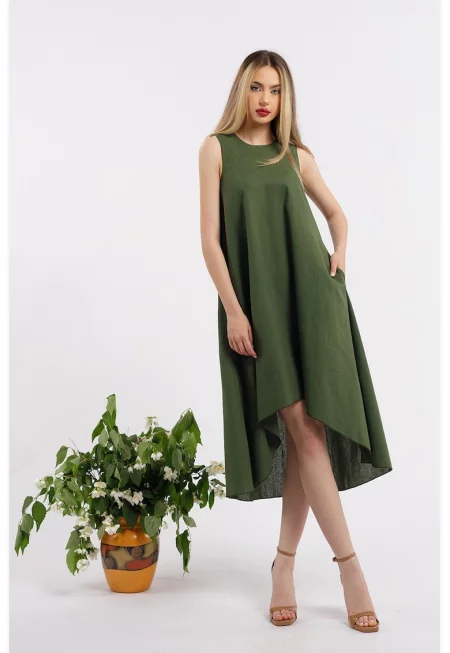 Асиметрична рокля от лен - Каки