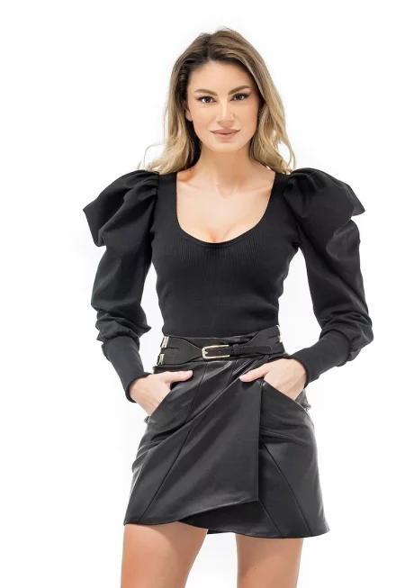 Блуза Clara с бухнали ръкави - Черен