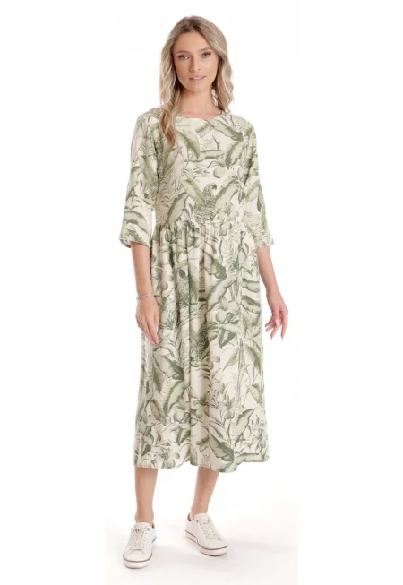 Дълга дамска рокля V271 - кремава със зелен флорален принт