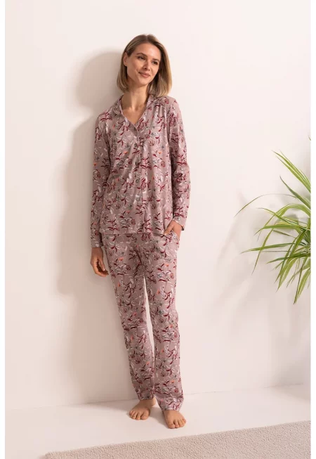 Дълга пижама Marion с бамбук - Бордо/Прашно розово