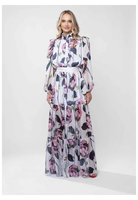 Дълга рокля с висока яка и живописен флорален принт